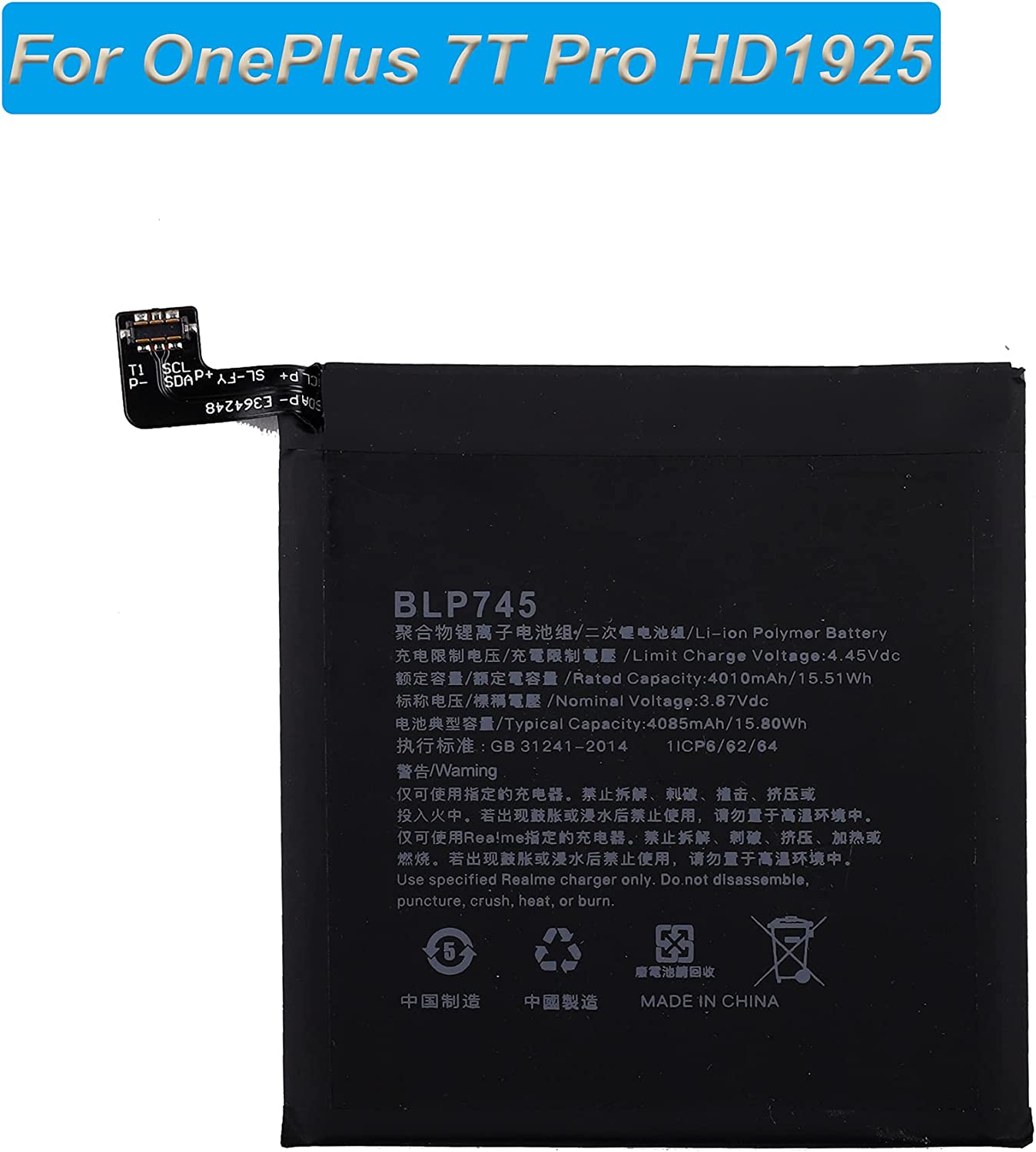 Batterie de remplacement pour OnePlus 7T Pro, BLP745 Batterie de remplacement pour OnePlus 7T Pro, BLP745